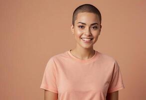 AI Generated A smiling woman with a shaved head wearing a casual pink t-shirt, peach background. Her confident and friendly expression suggests approachability. photo