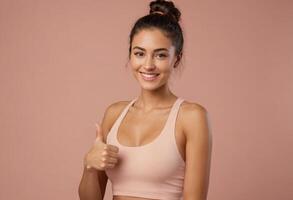 ai generado un confidente mujer en un rosado tanque parte superior dando un pulgares arriba, melocotón antecedentes. su alto cola de caballo y brillante sonrisa Rápido un animado y positivo actitud. foto