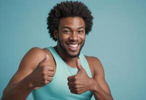 AI Generated An exuberant man in a tank top makes enthusiastic thumbs up gestures. His infectious grin suggests excitement and positivity. photo