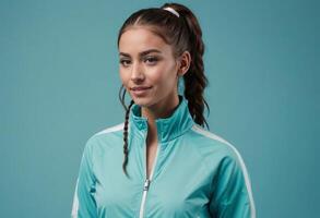 AI Generated An athletic woman in a turquoise jacket poses with confidence. Her sporty look is complemented by a modern hairstyle. photo