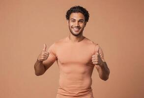 AI Generated A joyful man in a peach t-shirt gives double thumbs up. His bright smile and casual appearance suggest positivity and approachability. photo