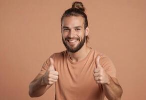 AI Generated A happy man with a man bun hairstyle gives double thumbs up. His bright smile and casual attire exude a joyful charisma. photo