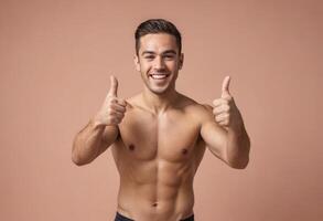 AI Generated A fit man without a shirt gives double thumbs up. His athletic physique and confident grin suggest a healthy, active lifestyle. photo