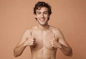 AI Generated A shirtless man with a fit physique gives double thumbs up. His cheerful demeanor and confident expression suggest a healthy lifestyle. photo