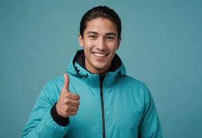 AI Generated A smiling man in a teal winter jacket gives a thumbs up. His warm attire and friendly face indicate readiness for cold weather. photo