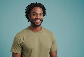 AI Generated A man with dreadlocks in an olive t-shirt smiles at the camera. His relaxed and friendly demeanor conveys approachability. photo