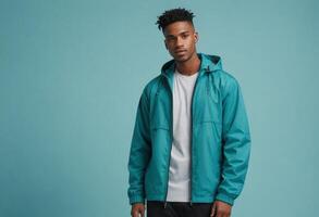 AI Generated A stylish man in a teal jacket stands confidently. His trendy outfit and composed expression indicate a modern and fashionable vibe. photo