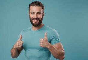 AI Generated A smiling man with a beard in a teal shirt giving two thumbs up, radiating positivity and agreement. photo