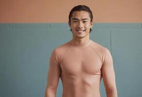 AI Generated A muscular man poses confidently in a skin-tight top. The attire and his fit physique suggest a dedication to fitness and health. photo