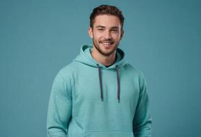 AI Generated A bearded man in a teal hoodie gives a soft smile. His relaxed posture and the hoodie imply a comfortable, laid-back style. photo