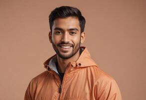 AI Generated A man wearing a casual peach jacket looks off to the side. His relaxed stance and the simple jacket speak to an easygoing nature. photo