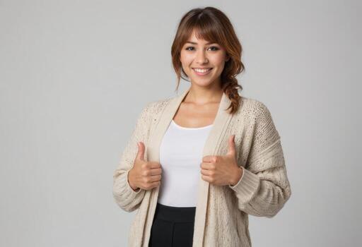 ai generado un sonriente mujer en un beige cárdigan dando dos pulgares arriba. su confidente postura y calentar sonrisa transmitir positividad foto
