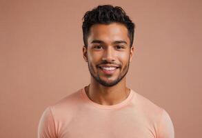 AI Generated A young man in a peach shirt smiling against a peach backdrop. His casual pose suggests approachability and friendliness. photo