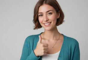 AI Generated A smiling woman in a teal cardigan giving a thumbs up. Her expression is friendly and approving. photo