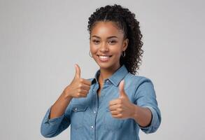 AI Generated A young woman in a denim shirt giving two thumbs up. Her friendly demeanor and engaging smile suggest positivity. photo