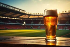 AI generated a beer glass sitting on a wooden table next to a soccer stadium photo