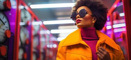 AI generated Fashionable Woman in Neon Urban Setting photo