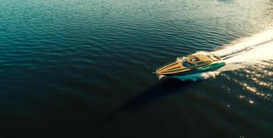 ai generado un hermosa motor barco de viaje a lo largo en el mar foto