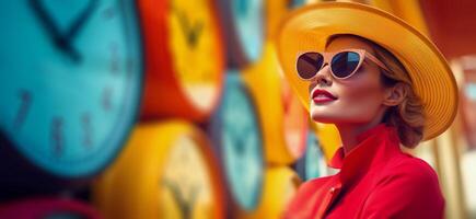 ai generado mujer en Gafas de sol y sombrero en pie por un hora reloj foto