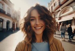 AI generated young attractive woman standing and taking selfie in town photo