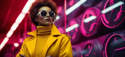 AI generated Fashionable Woman in Neon Urban Setting photo