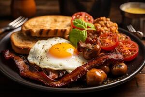 AI generated English breakfast on a plate, highlighting the golden yolk of the fried egg, crispy bacon photo