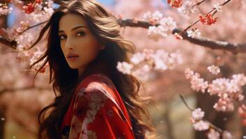 ai generado hermosa mujer yendo mediante Cereza flores en un rojo kimono foto