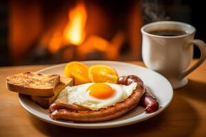 AI generated English breakfast served in a homely kitchen, with a steaming cup of tea photo