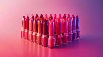 ai generado un vistoso Disparo de un colección de sin marca lápices labiales arreglado en un degradado modelo foto