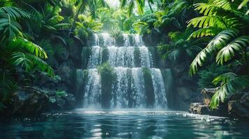 ai generado un minimalista ver de un tropical cascada, con cascada agua y lozano vegetación foto