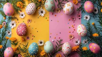 AI generated A minimalistic, egg-shaped frame filled with lively Easter icons and vibrant colors photo