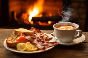 AI generated English breakfast served in a homely kitchen, with a steaming cup of tea photo