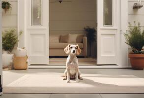 AI generated a dog sits on a rug in front of open door photo