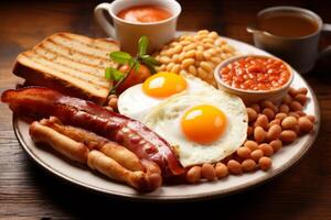 AI generated a classic English breakfast spread, including bacon, eggs, sausage, baked beans, tomatoes photo