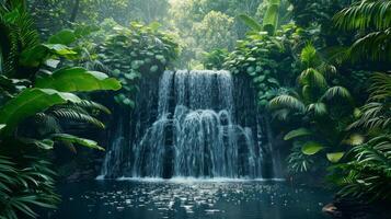 AI generated tropical waterfall, with cascading water and lush vegetation, offering a peaceful and natural background photo