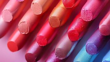 AI generated A colorful shot of a collection of unbranded lipsticks arranged in a gradient pattern photo