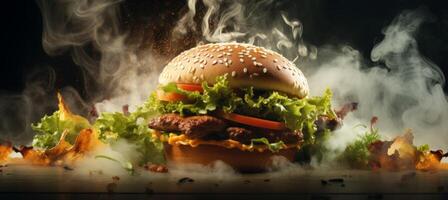 AI generated a burger is shown with smoke coming off of it photo