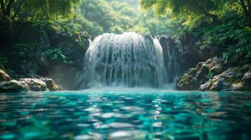 AI generated tropical waterfall, with cascading water and lush vegetation, offering a peaceful and natural background photo