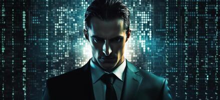 AI generated hacker in black suit with digital codes on his face photo