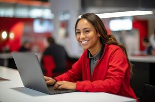 AI generated Smiling woman working in front of computer photo