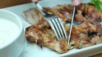 cutting grill chicken meat with knife video