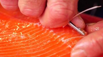 Hand cutting salmon on red board in closeup gesture video