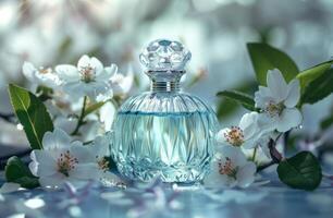 ai generado un perfume botella metido encima un cama de flores, evocando elegancia y fragancia foto