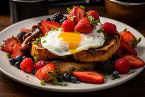 ai generado Inglés desayuno en un lámina, destacando el dorado yema de huevo de el frito huevo, crujiente tocino foto