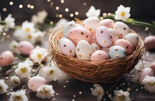 AI generated a basket of colored easter eggs with flower bulbs and daffodils photo