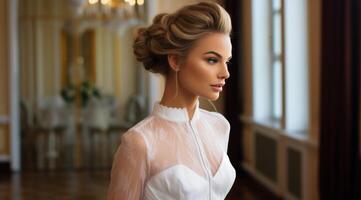 AI generated Classic Bridal Updo with Elegant Earrings photo