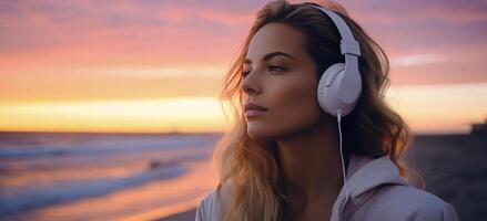 ai generado mujer participación auriculares a puesta de sol por el playa foto