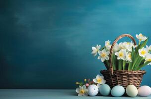 AI generated a basket holds colorful easter eggs and daffodils on a blue table photo
