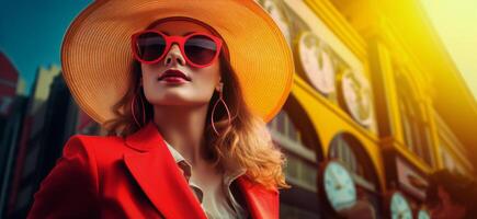 ai generado mujer en Gafas de sol y sombrero en pie por un hora reloj foto