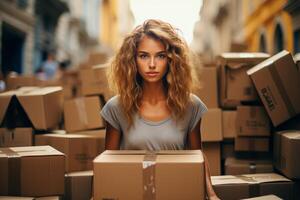 AI generated woman holding 2 moving boxes photo